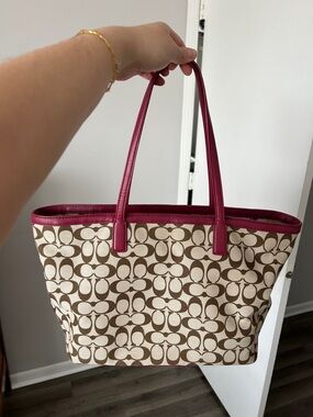 Coach Tan Signature Canvas Tote with Pink/Red Trim